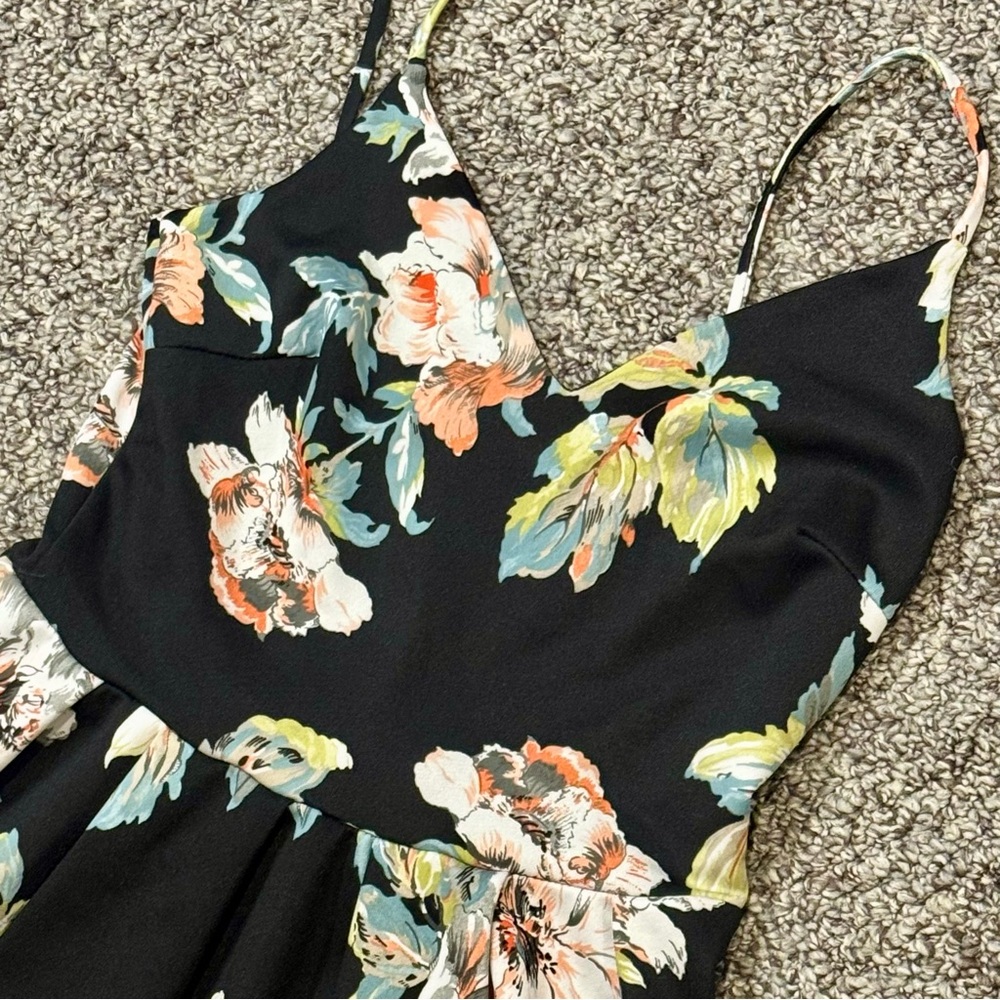 Soprano Black Floral Spaghetti Strap Dress with Peach & Green Accents - Picture 4 of 8